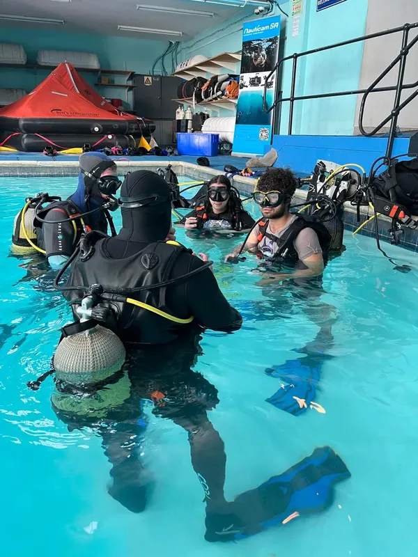 Cours de plongée en piscine avec instructeur et participants équipés