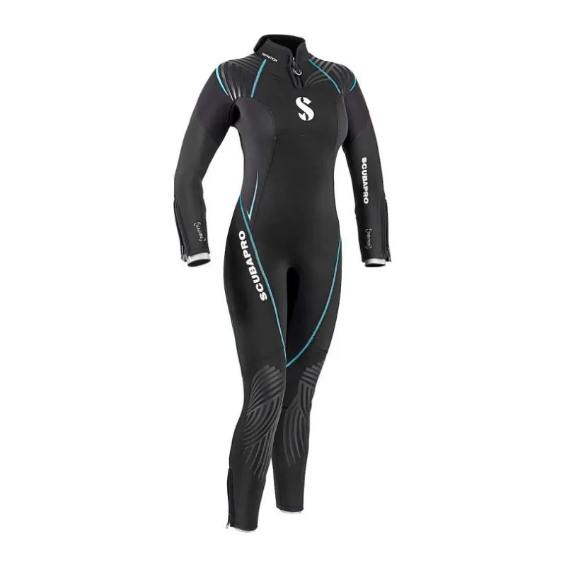 Combinaison de plongée noire Scubapro, fermeture éclair frontale, détails turquoise