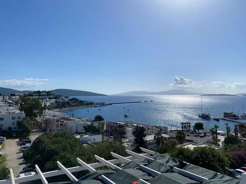 Vue panoramique sur la mer et la côte depuis une terrasse ensoleillée.
