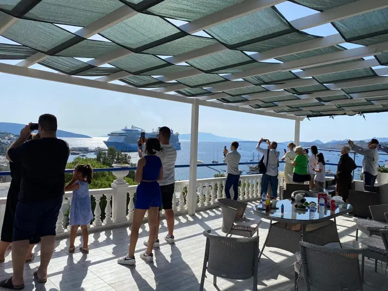 Une terrasse ombragée offre une vue sur la mer et des navires.