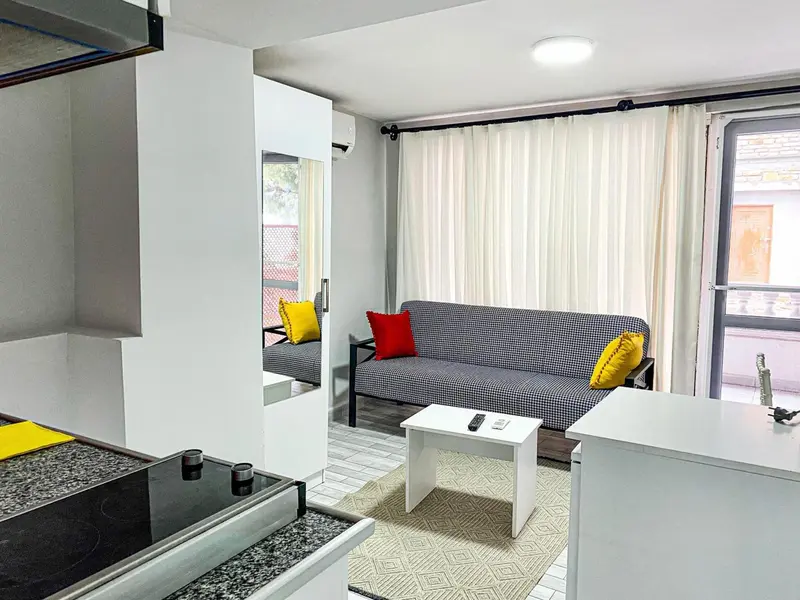 Espace de vie lumineux avec canapé et cuisine équipée.
