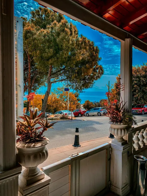 Vue sur une route bordée de végétation et de bâtiments depuis une terrasse.