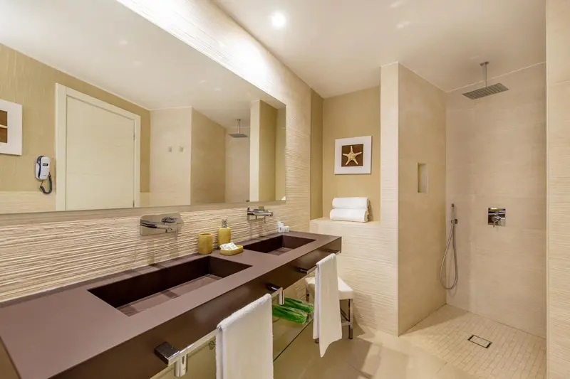 Une salle de bain moderne avec deux vasques et une douche à l'italienne.