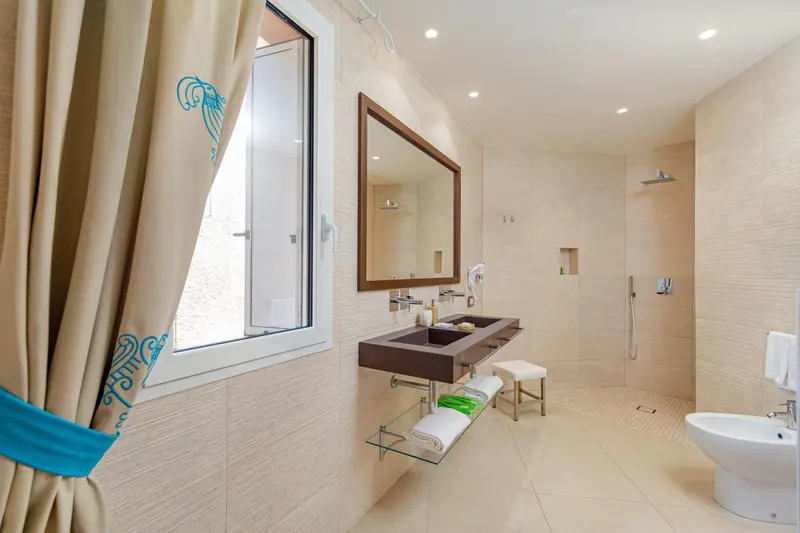 Une salle de bain lumineuse avec douche à l'italienne et vasque moderne.