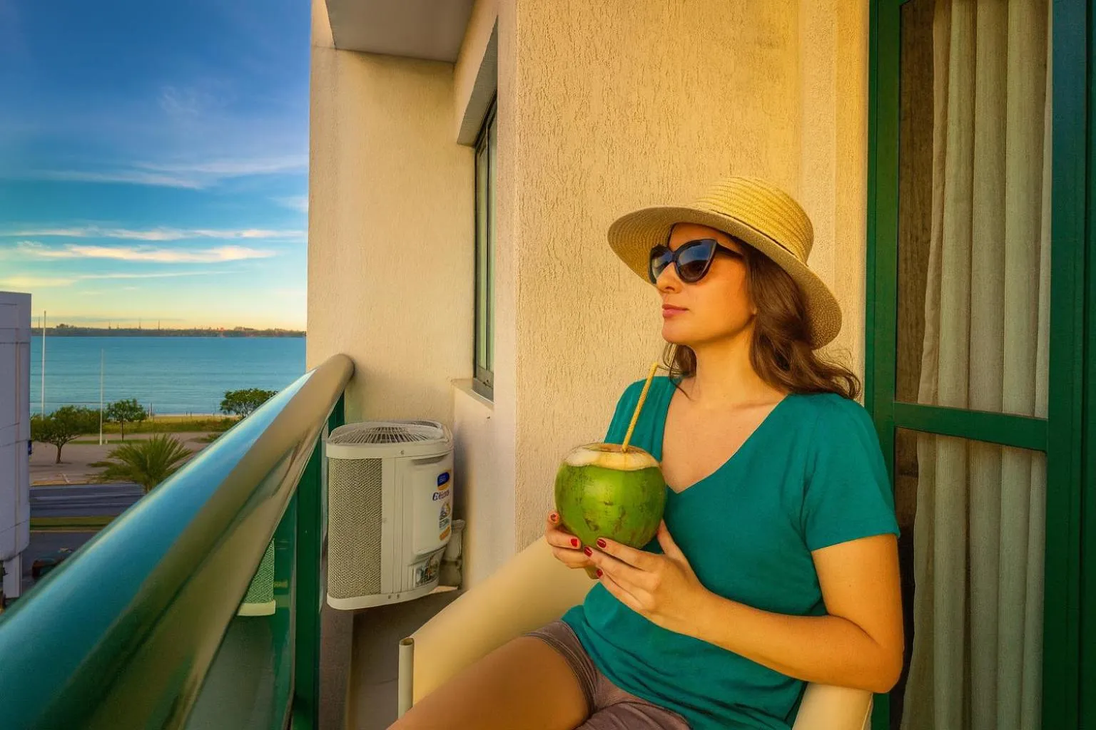 Une femme se détend sur un balcon avec une boisson tropicale.