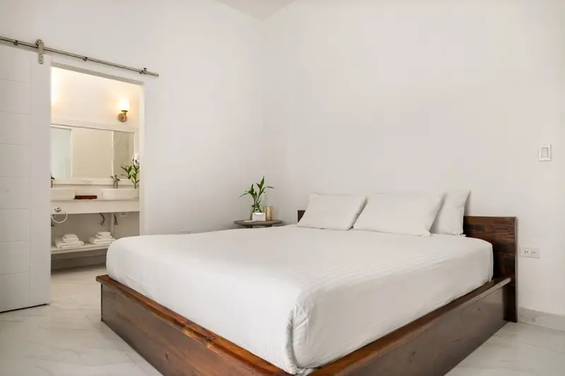 Une chambre lumineuse avec un grand lit et un accès à une salle de bain.