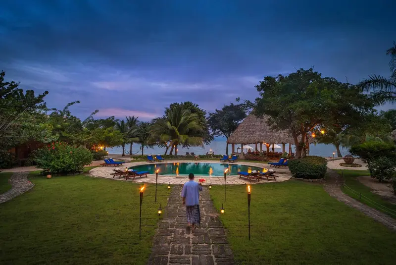 Une allée illuminée mène vers une piscine bordée de végétation tropicale au crépuscule.