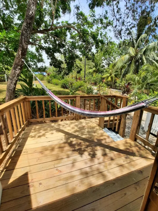 Une terrasse en bois abritée par des arbres et ornée d'un hamac.