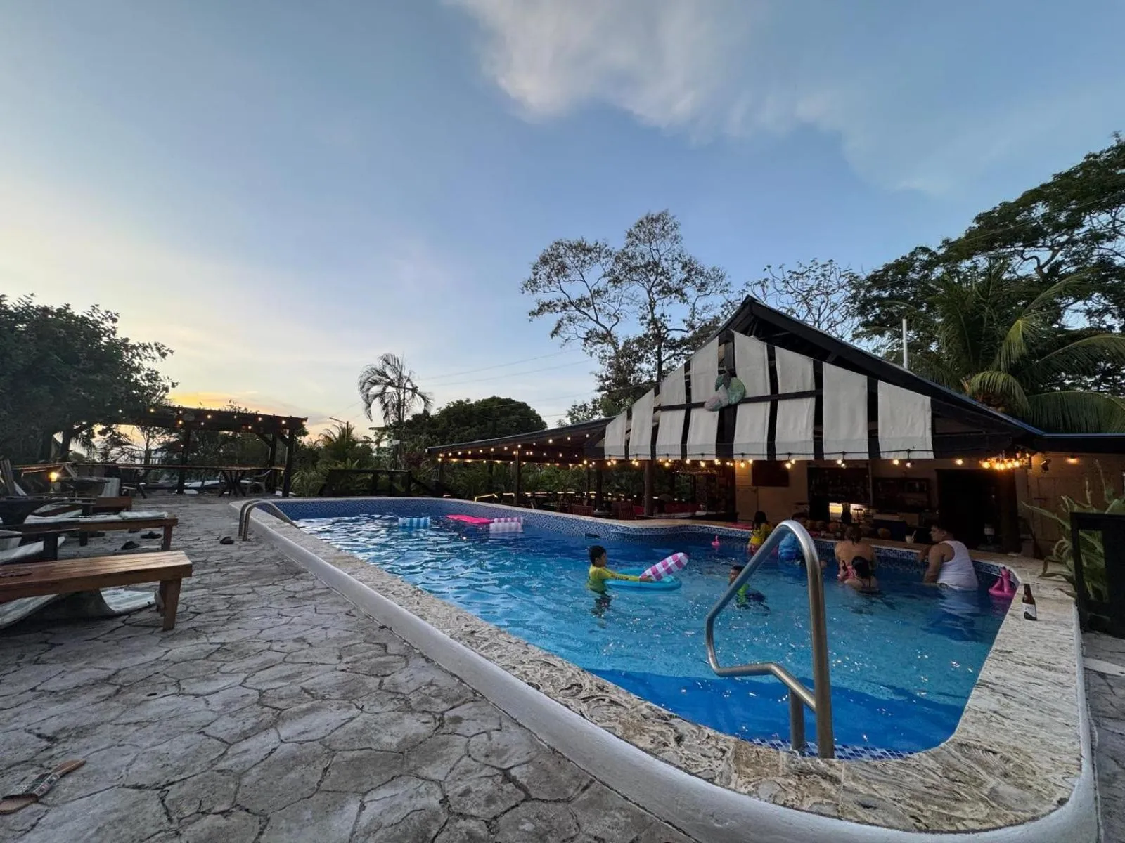 Une piscine rectangulaire bordée d'une terrasse avec des transats et des palmiers.