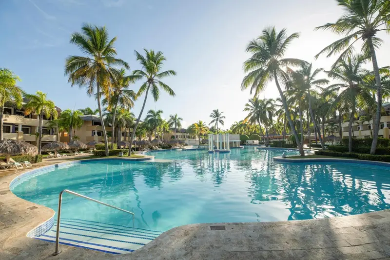 Une grande piscine bleue bordée d'une terrasse ensoleillée et entourée de végétation tropicale.