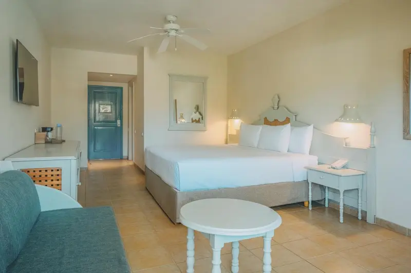 Chambre lumineuse avec un grand lit et un coin salon.