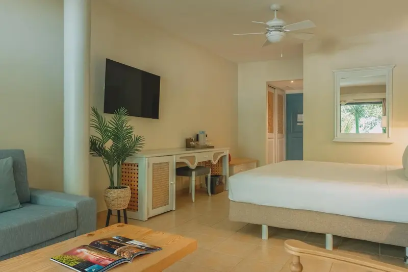 Une chambre lumineuse avec un lit et un coin salon.