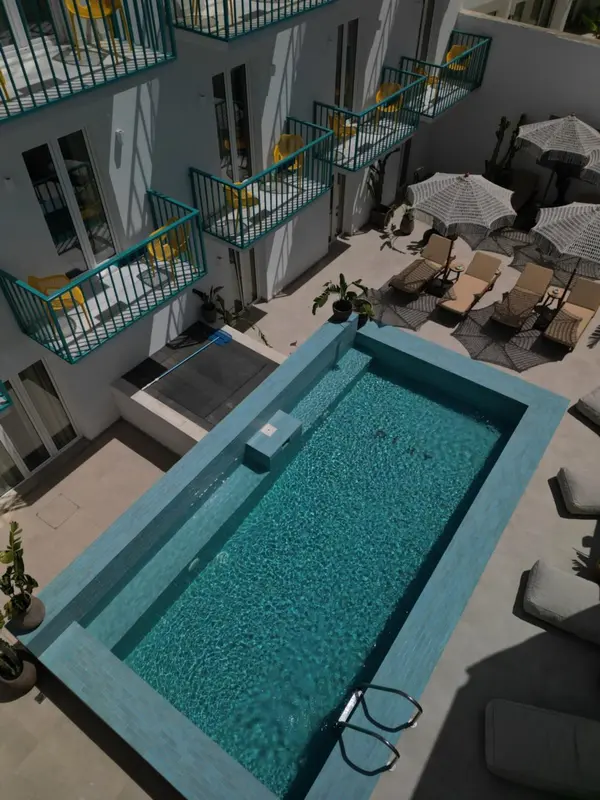 Vue aérienne d'une piscine rectangulaire entourée de chaises longues et de plantes.