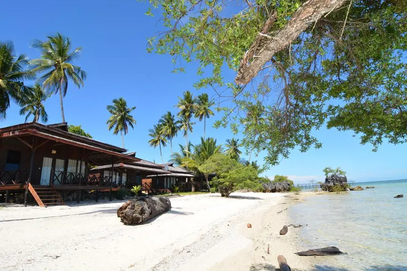 Cabanes en bois sur pilotis bordent une plage de sable blanc sous les cocotiers.