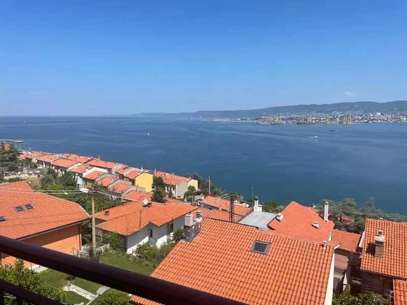 Vue aérienne sur des toits en tuiles et une baie côtière.