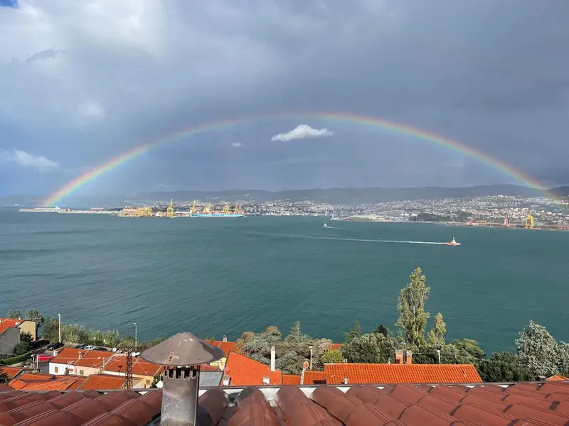 Vue panoramique sur une ville côtière sous un arc-en-ciel.