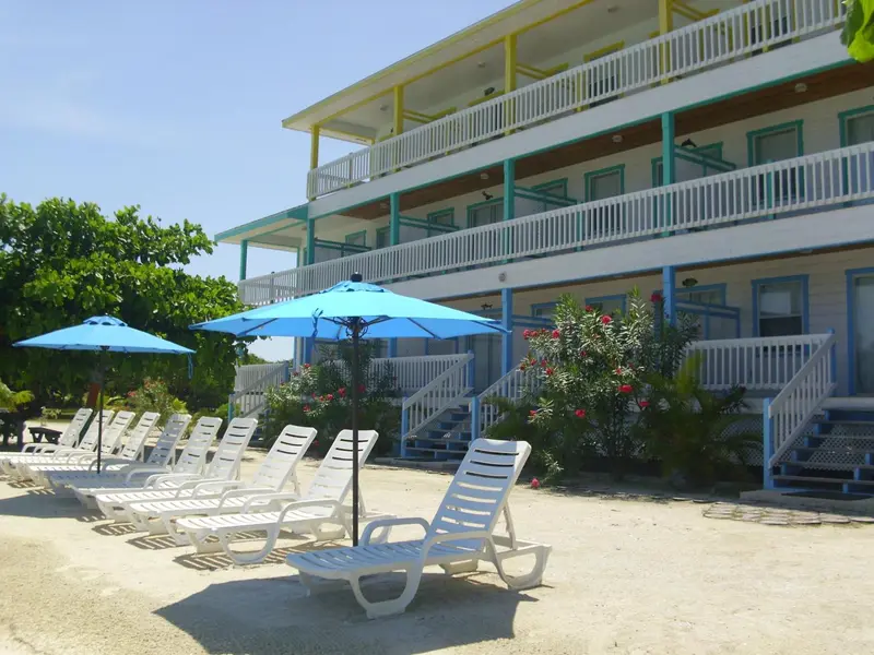 Transats alignés sur une plage de sable fin devant un bâtiment aux couleurs vives.