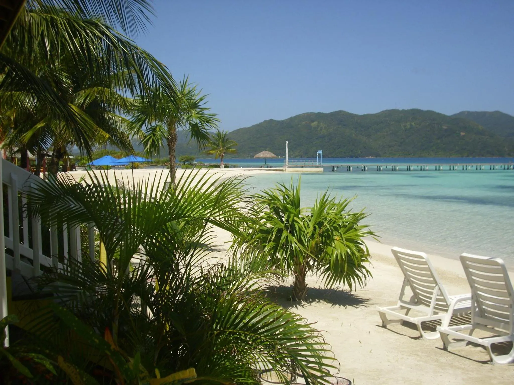 Transats sur une plage de sable blanc bordée de palmiers, avec une vue sur la mer turquoise et des collines verdoyantes.