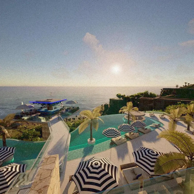 Vue aérienne d'une piscine à débordement surplombant la mer et une plage.