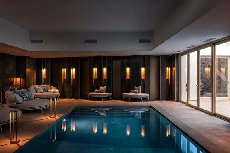 Espace de détente intérieur avec piscine et canapés confortables.