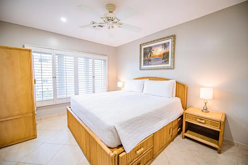 Une chambre lumineuse avec un grand lit et un décor tropical.