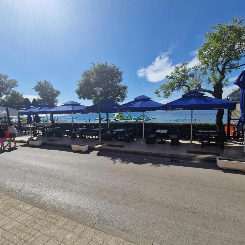 Terrasse ombragée avec tables et chaises en bord de mer.