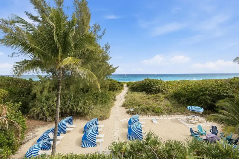 Transats bleus et parasols sur une plage de sable blanc bordée de végétation tropicale.