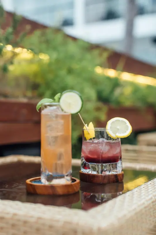 Deux cocktails colorés présentés sur une table en bois texturé, avec une végétation floue en arrière-plan.