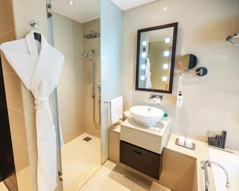 Une salle de bain moderne avec douche à l'italienne et vasque.