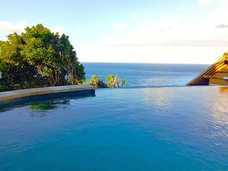 Une piscine à débordement surplombe la mer turquoise sous un ciel clair.