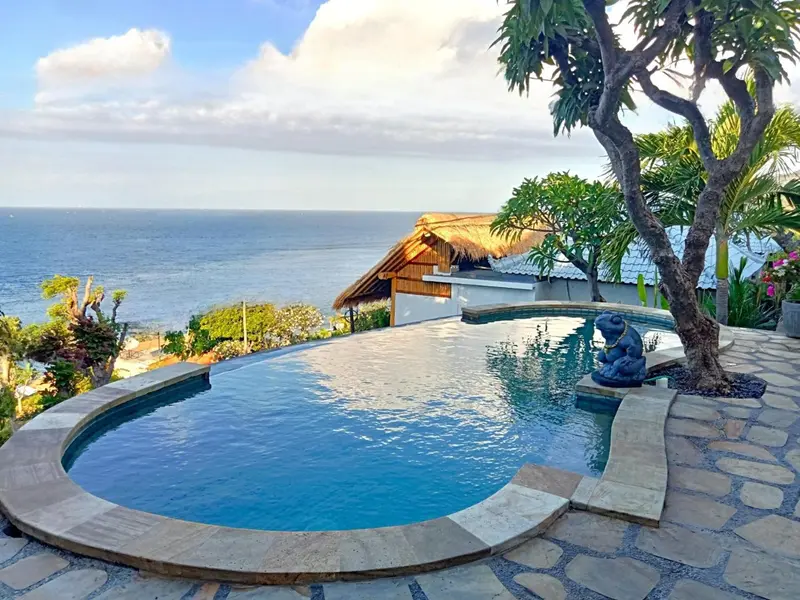 Une piscine à débordement surplombe la mer et un jardin tropical.