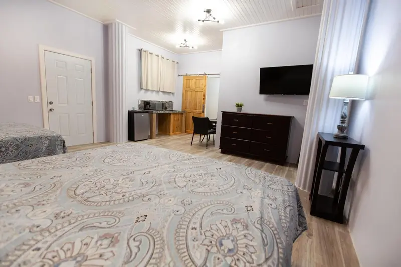 Une chambre lumineuse avec deux lits et un coin cuisine.