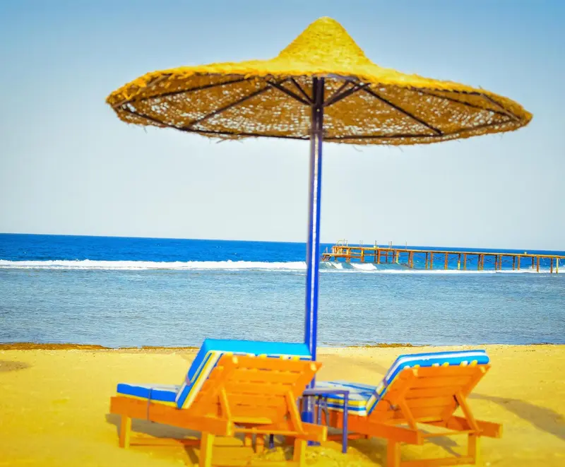 Parasols et chaises longues sur une plage de sable fin face à la mer.