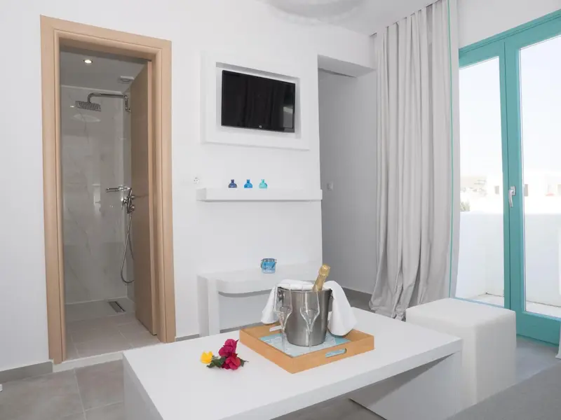 Une chambre lumineuse avec une douche à l'italienne et une bouteille de champagne sur une table basse.