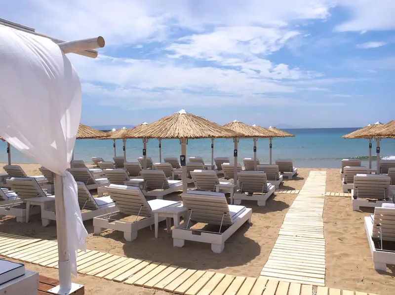 Transats blancs alignés sur une plage de sable fin sous des parasols de paille.