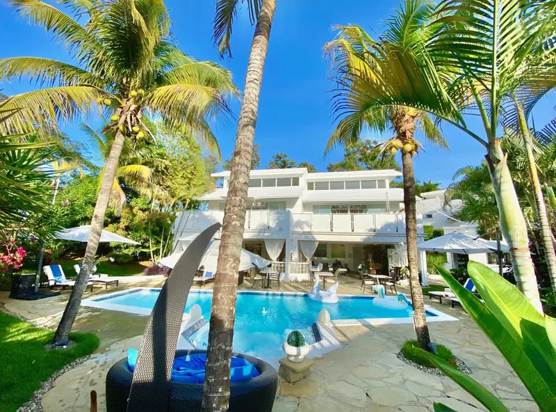 Vue d'une piscine devant un bâtiment blanc entouré de végétation tropicale.