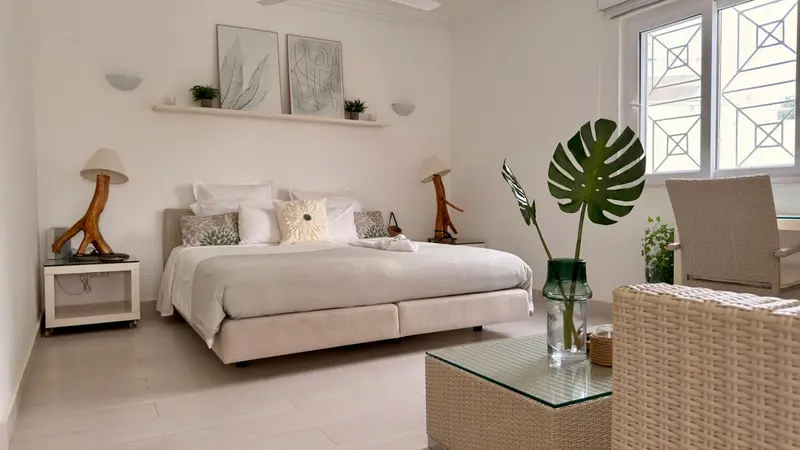 Une chambre lumineuse avec un grand lit et une décoration sobre.