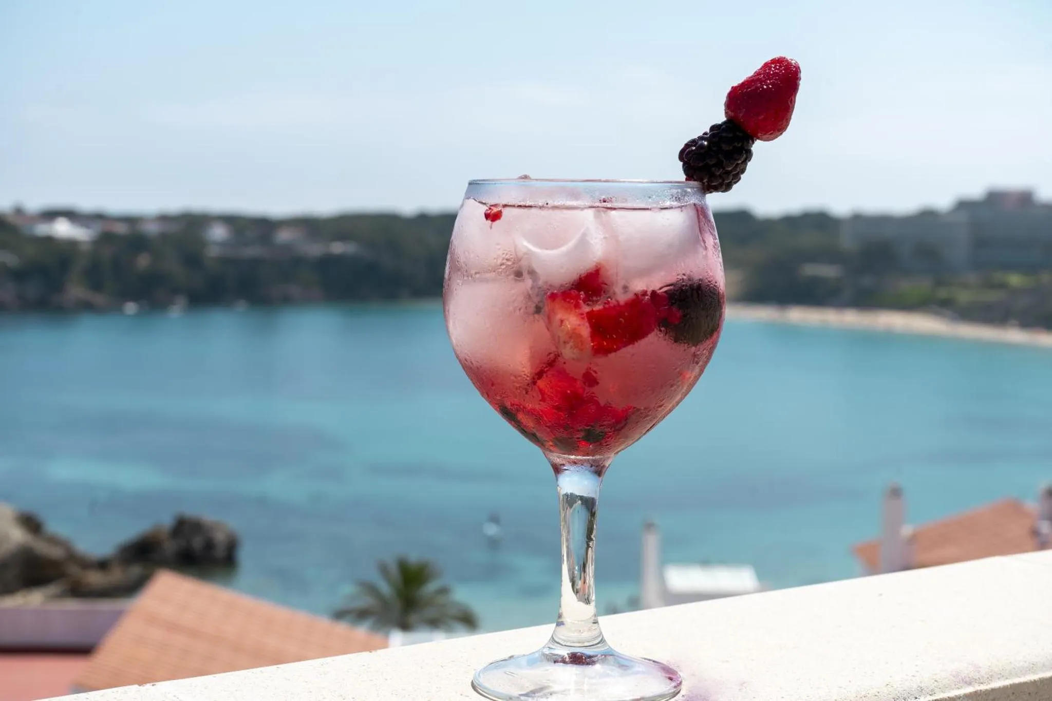 Un cocktail aux fruits rouges est servi dans un verre sur une terrasse avec vue sur la mer.