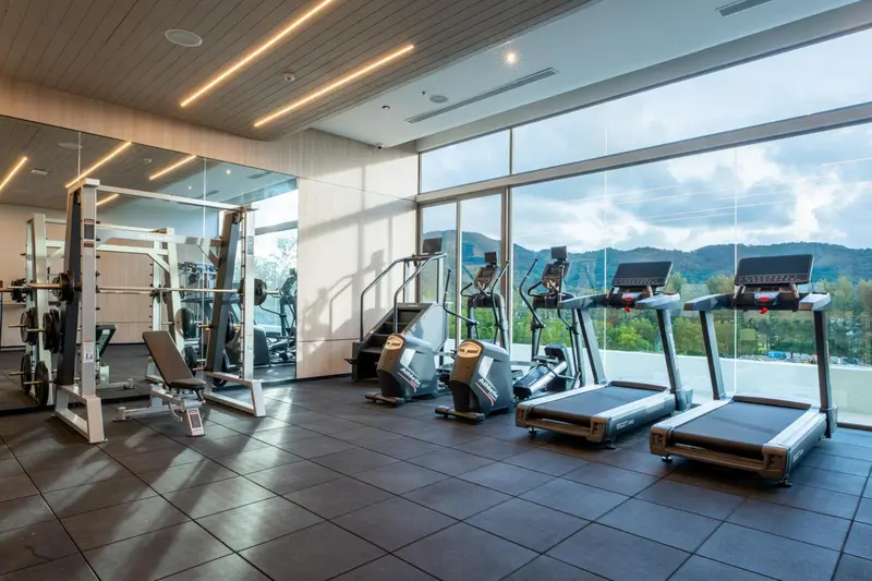 Une salle de sport lumineuse avec des équipements de musculation et des tapis de course face à une grande baie vitrée.