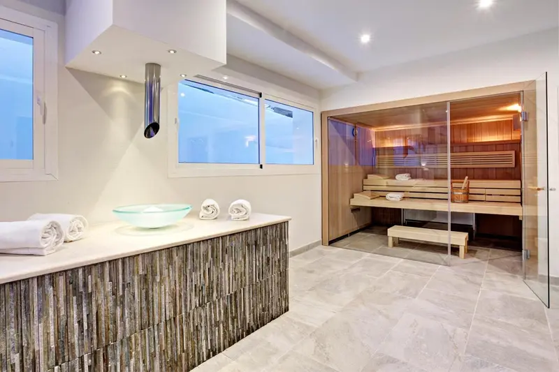 Espace bien-être avec sauna et vasque en pierre.