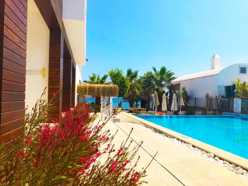Une piscine rectangulaire bordée d'une terrasse ensoleillée avec des transats et des parasols.