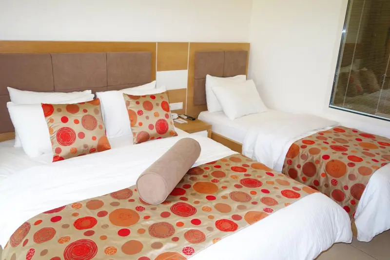 Une chambre avec deux lits simples décorés de coussins et de couvre-lits à motifs.