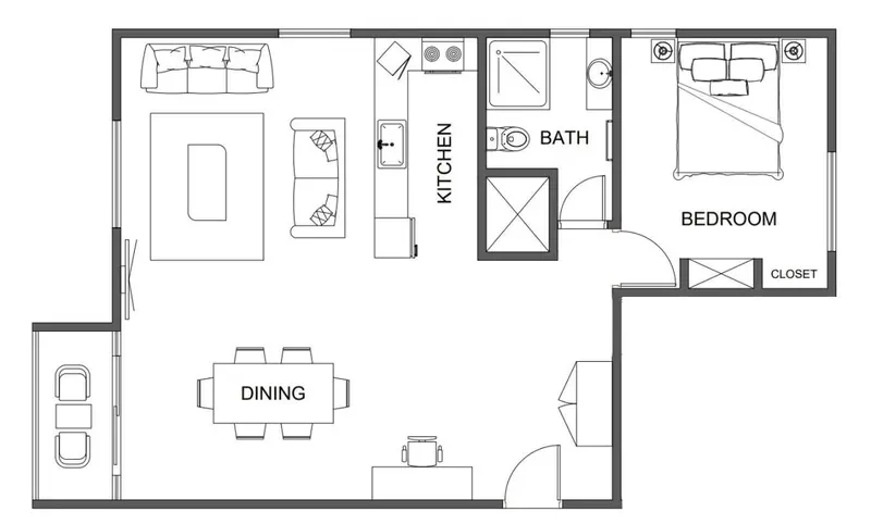 Plan d'un appartement avec salon, cuisine, salle de bain et chambre.