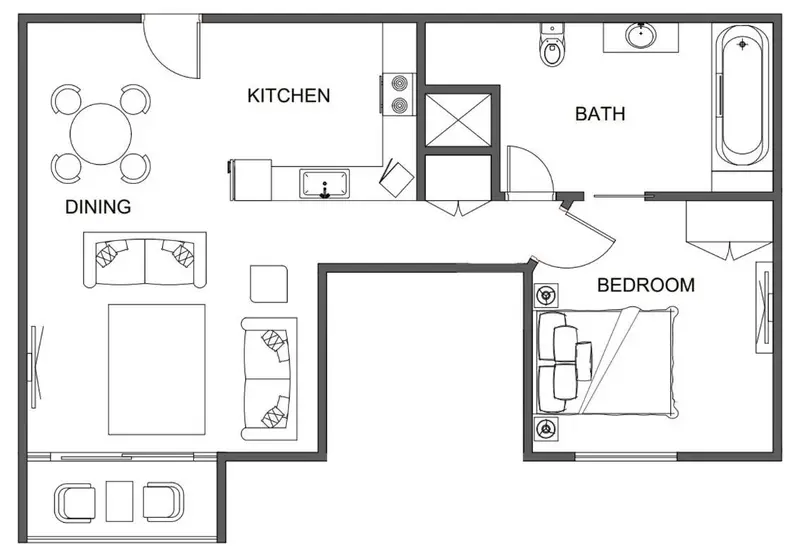 Plan d'un appartement avec cuisine, salle de bain, chambre et espace repas.