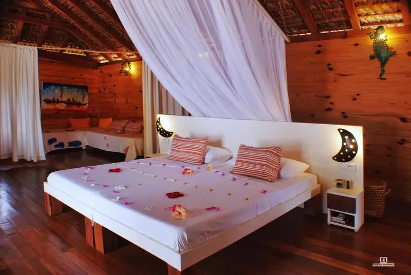 Une chambre avec un grand lit recouvert de pétales de fleurs et moustiquaire.