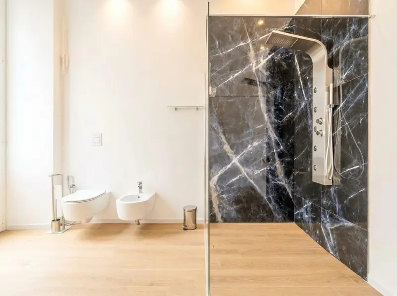 Une salle de bain moderne avec douche à l'italienne et toilettes.