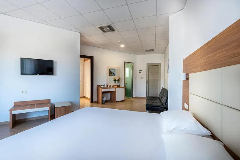 Chambre lumineuse avec un grand lit et un téléviseur mural.
