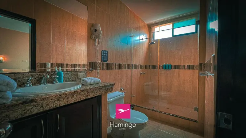 Une salle de bain avec douche à l'italienne et lavabo en marbre.