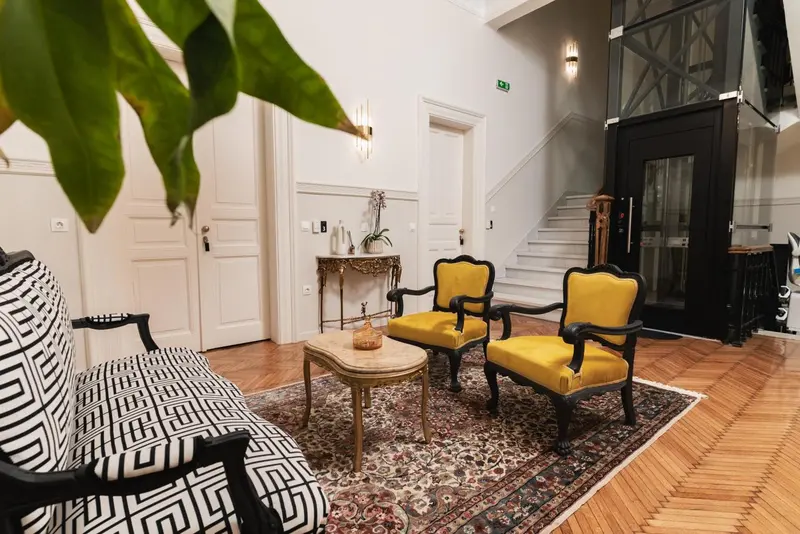Un salon lumineux avec des fauteuils et un tapis oriental.