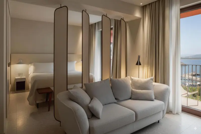 Un espace de séjour lumineux avec un canapé et un lit en arrière-plan.